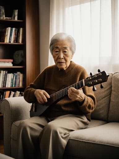 차분한 표정의 80대 한국인 여성의 반신 촬영으로, 아늑한 거실 소파에 편안하게 앉아 있습니다. 따뜻한 색상의 니트 스웨터와 긴 바지를 착용하고 있으며, 자연스러운 외모를 지니고 있습니다. 그녀는 손가락으로 악기를 연주하며 집중하는 모습으로, 창가로 햇빛이 들어오고 책장이 있는 아늑한 분위기 속에서 평화롭고 조화로운 장면을 연출하고 있습니다.