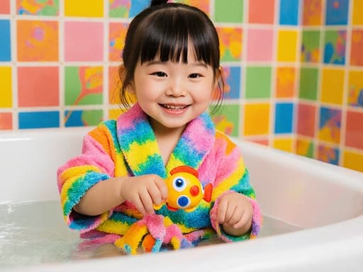 화사한 목욕 가운을 입고 사랑스럽게 웃고 있는 3세 아시아계 여성 아동의 반신 사진. 장난감 물고기를 가지고 놀며 아기자기한 욕조에 앉아 있는 모습으로, 밝고 알록달록한 욕실 배경이 특징이다.