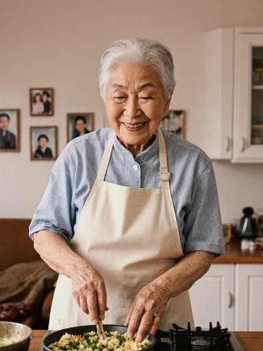 70대 동양인 여성의 전신 샷으로, 편안한 집안복과 앞치마를 착용하고 가족을 바라보며 따뜻한 미소를 짓고 있습니다. 그녀는 아늑한 주방에 있으며, 주방은 환영하는 거실과 연결되어 있고, 벽에는 가족 사진이 걸려 있습니다. 이 여성은 재료를 손질하며 마치 즐겁게 요리를 하려는 듯한 동작을 취하고 있어, 보살피고 활기찬 분위기를 자아냅니다. 부드럽고 초대하는 조명이 장면의 따뜻함을 강조합니다.