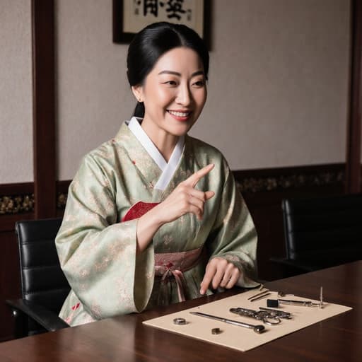 40대 중동계 여성이 전통 한복을 입고, 아늑한 한의원 내부의 회의실 테이블 위에 놓인 뜸 치료 도구를 열정적으로 가리키며 생동감 넘치는 미소를 짓고 있습니다. 편안하고 아름답게 꾸며진 환경 속에서 따뜻하고 초대하는 분위기를 발산합니다.