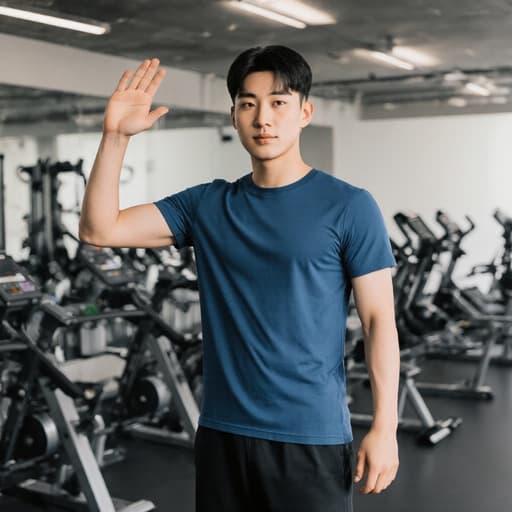 헬스장에서 스타일리시한 운동복을 입고 있는 젊은 동양인 남성이 차분한 표정으로 자신감 있게 인사하는 모습, 운동 기구와 거울이 있는 배경.
