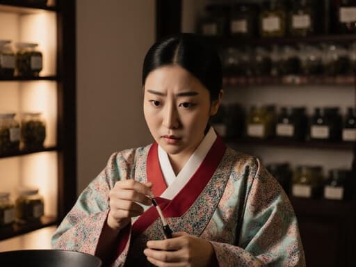 전통 한복을 입고 있는 10대 후반의 한국인 여성의 반신 사진으로, 한 손에는 침을 준비하고 다른 손에는 요리 도구를 들고 있으며, 걱정스러운 표정을 짓고 있습니다. 배경은 따뜻한 조명이 비추는 전통 한의원 대기실로, 약재가 진열된 선반이 감정의 깊이를 더해줍니다.