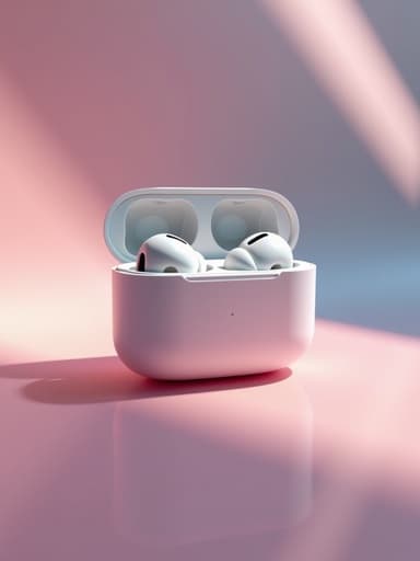 추상적 색채 배경의 무선 이어폰, 생동감 있는 색조, 미세한 반사, 현대적이고 예술적인 분위기.