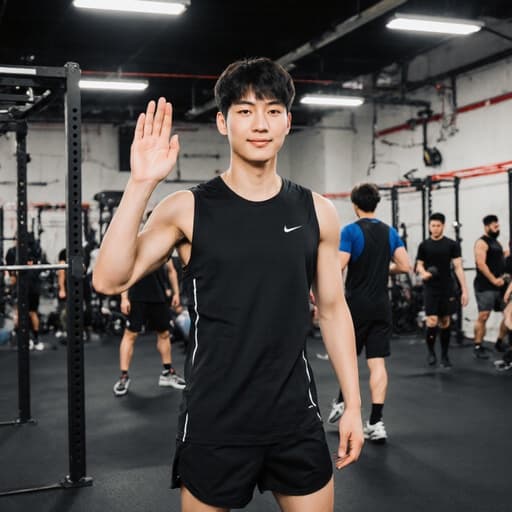 건강한 10대 후반의 동양인 남성이 운동복을 입고 자신감 있게 인사하는 자세로 훈련장이 배경에 있는 반신 사진.