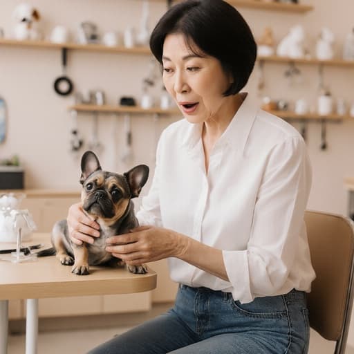 50대 한국인 여성이 편안한 블라우스와 청바지를 입고 작은 개를 안고 놀란 표정을 짓고 있습니다. 그녀는 따뜻한 분위기의 동물 병원 내부에서 테이블에 앉아 있으며, 다양한 동물 관련 장비와 장식들로 둘러싸여 있습니다. 이 장면은 그녀와 반려동물 간의 감정적인 연결을 강조합니다.