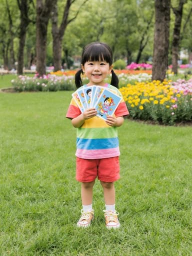 7세 한국인 소녀의 반신 샷으로, 귀엽고 사랑스러운 외모를 지니고 있다. 그녀는 화사한 색상의 티셔츠와 반바지를 입고 밝은 운동화를 신은 채로, 즐거운 감정을 표현하며 색깔이 그려진 카드를 들고 서 있다. 배경은 푸른 잔디와 나무, 만발한 꽃들로 가득한 공원으로, 화창한 날의 즐거운 분위기를 강조한다.