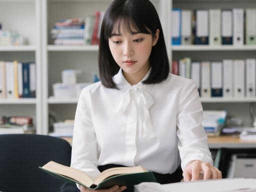 차분하고 지적인 외모를 지닌 10대 초반의 한국인 여성의 반신 사진입니다. 그녀는 흰색 블라우스와 검은색 스커트를 착용하고 있습니다. 그녀의 표정은 차갑고 집중하는 듯하며, 한 손에 책을 들고 다른 손으로는 페이지를 넘기려는 자세를 취하고 있습니다. 배경은 여러 개의 책과 연구 자료가 정돈된 깔끔한 분석실로, 그녀의 사려 깊은 태도를 잘 드러내는 학문적인 분위기를 만들어냅니다.