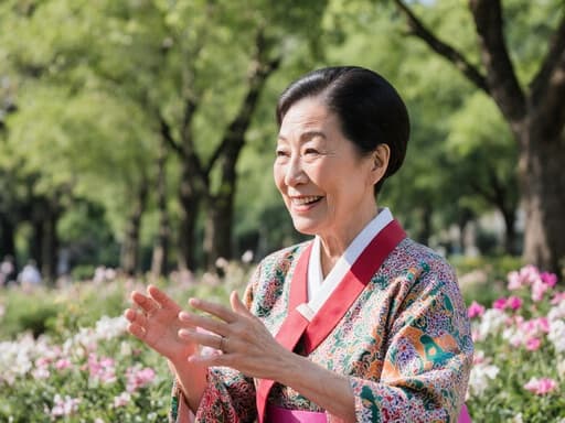 70대 한국인 여성이 화려한 전통 한복을 입고 아름다운 공원에 앉아 있습니다. 그녀는 친근한 미소를 지으며 손짓을 하며 전통 놀이를 설명하는 듯한 모습으로, 푸른 나무와 꽃들로 둘러싸여 있습니다.