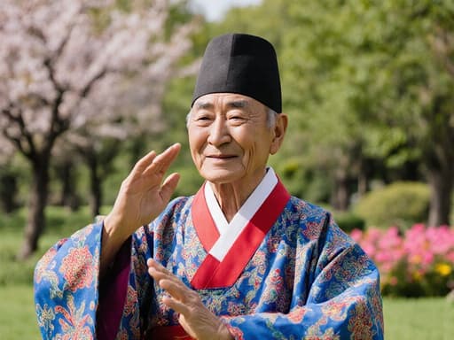 푸르른 나무와 꽃들이 가득한 공원에서 전통 한복을 입고 춤을 추고 있는 70대 동양인 남성의 반신 촬영. 화려한 한복을 입고 즐거운 표정으로 춤을 추는 모습이 피곤함 속에서도 문화적 기쁨을 담고 있습니다.