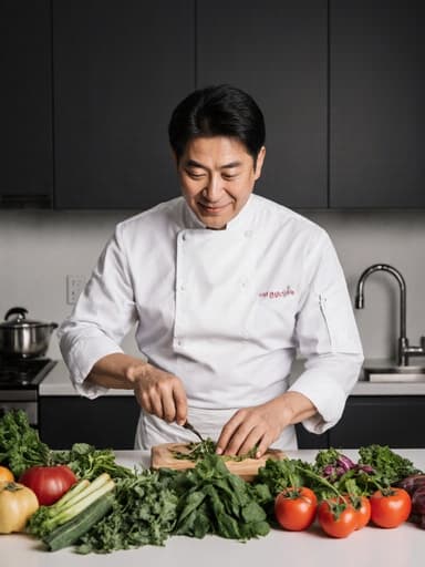 50대 건강하고 활기찬 한국 남성이 깔끔한 흰색 셔츠와 앞치마를 착용하고 현대적인 주방에서 신선한 재료를 손질하는 모습의 반신 사진. 그의 활기차고 즐거운 표정은 요리에 대한 열정을 반영하며, 신선한 재료들이 배경을 더욱 생동감 있게 만들어 준다.