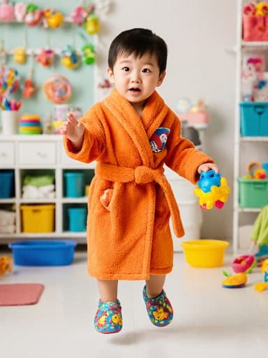밝은 색상의 목욕 가운과 귀여운 슬리퍼를 입은 3세 아시아계 남아가 목욕기구를 들고 점프하는 모습의 전신 사진입니다. 호기심 어린 표정으로 화사한 욕실을 탐험하는 그의 모습은 다양한 색상의 목욕용품으로 꾸며져 있습니다. 전체적인 분위기는 즐겁고 유쾌하며, 재밌는 목욕 시간의 본질을 잘 담고 있습니다.