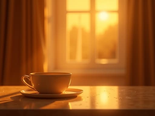 부드럽게 흐르는 조명과 황금빛 노을이 비치는 배경, 따뜻하고 초대하는 분위기.