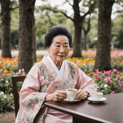 80대 아시아계 여성이 전통적인 한복을 입고 차를 들고 테이블에 앉아 있는 반신샷, 나무와 꽃들로 둘러싸인 평화로운 공원에서 지혜롭고 차분한 분위기를 자아냅니다.