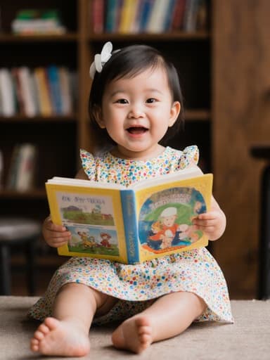 아늑한 카페에 앉아 밝은 색상의 귀여운 원피스를 입고 있는 사랑스러운 1세 동양인 여성의 반신 사진. 그녀는 두 손으로 그림책을 기쁘게 들고 다리를 장난스럽게 뻗고 있다. 그녀의 표정은 장난스럽고 행복하여 즐거운 기분을 잘 전달하고 있다. 배경에는 책장이 있어 독서 분위기를 더하고 있으며, 책과의 상호작용을 잘 보완한다. 전체적인 장면은 따뜻하고 매력적이며, 즐거운 독서 순간의 본질을 포착하고 있다.