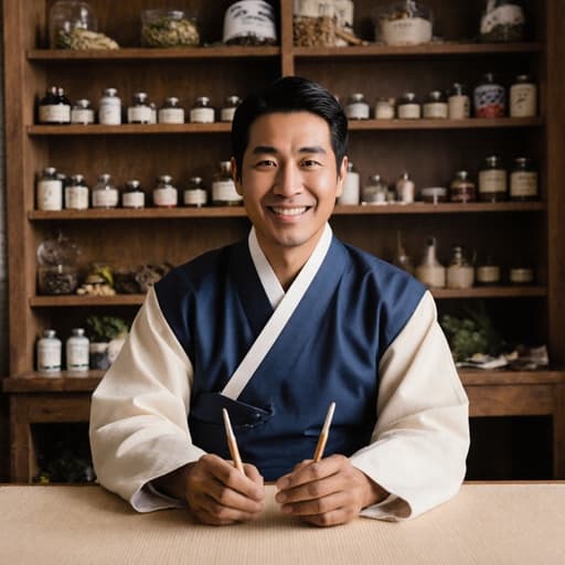 전통 한복을 입은 40대 흑인 남성이 상담 도구를 손에 들고 테이블에 앉아 활기차고 친근한 표정으로 상담에 임하는 모습의 반신 촬영. 따뜻한 분위기의 한약 조제실에서 전통 한약재와 도구가 배치되어 있습니다.
