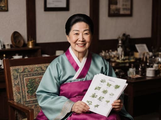 60대 중동계 여성이 전통 한복 스타일의 의상을 입고 한의원에 앉아 연구 자료를 들고 있는 반신 사진. 배경에는 한약재가 진열된 선반이 있어 진정한 분위기를 자아냅니다. 그녀는 활기차고 긍정적인 표정을 짓고 있습니다.