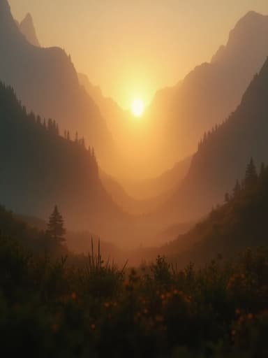 안개 낀 계곡 한가운데에서 부드럽게 빛나는 무드등과 확산된 황금빛이 어우러져 따뜻한 분위기를 조성합니다.