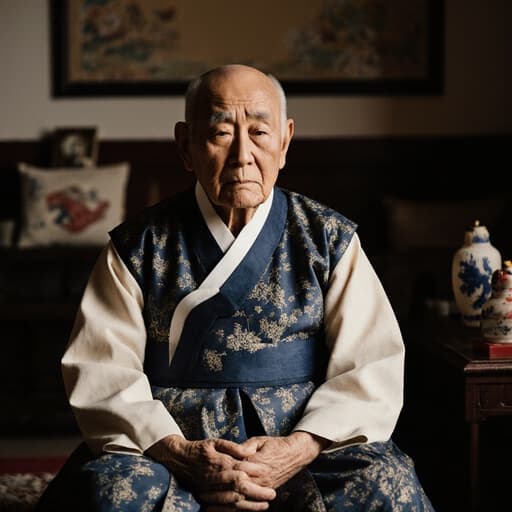아늑한 거실에서 전통 한복을 입고 무릎 위에 손을 올린 채 크로스 레그로 앉아 있는 80대 아시아계 남성의 반신 사진입니다. 그는 걱정스러운 표정을 짓고 있으며, 깊은 생각에 잠긴 듯합니다. 전통 장식으로 꾸며진 방의 따뜻한 분위기가 전체적인 고민의 감정을 강조합니다.