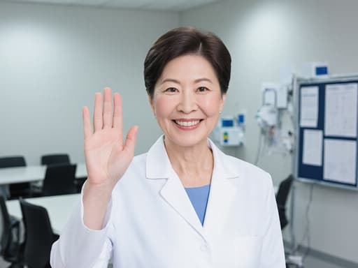 60대 한국인 여성이 의사 가운을 입고 현대적인 병원 회의실에서 환자에게 따뜻하게 손을 흔들며 인사하는 모습의 반신 사진, 의료 장비와 차트가 배경에 있어 신뢰와 전문성을 전달합니다.