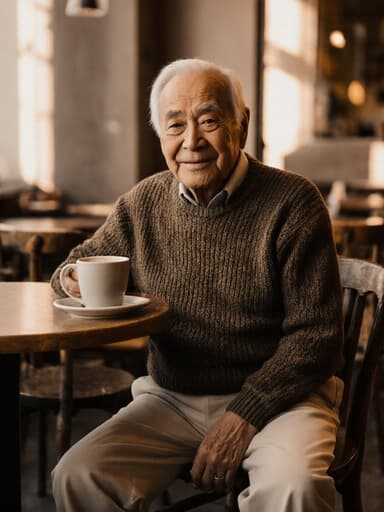 80대 혼혈 남성이 편안한 니트 스웨터와 면바지를 입고 아늑한 카페 테이블에 앉아 커피 잔을 들고 있는 반신 사진. 피곤한 표정이지만 따뜻한 미소를 지으며 부드러운 조명과 나무 가구가 있는 환영하는 카페 분위기 속에 있다.