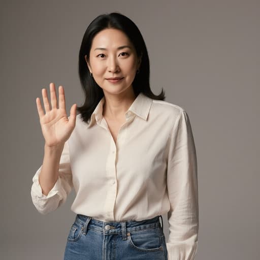 40대 아시아계 여성이 편안한 블라우스와 청바지를 입고, 카메라를 무표정으로 응시하며 손을 가볍게 흔들며 인사하는 모습의 반신 사진. 촬영 스튜디오의 깔끔한 배경과 전문적인 조명이 잘 어우러진 이미지.
