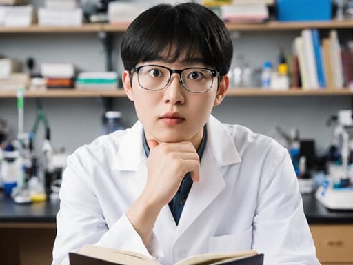 흰색 실험복과 안경을 쓴 10대 후반 아시아계 남성이 놀란 표정으로 눈을 크게 뜨고 있습니다. 한 손으로 책을 들고 다른 손으로 턱을 괴고 생각에 잠긴 자세를 취하고 있습니다. 배경은 다양한 실험 기구들로 가득한 현대적인 연구 실험실로, 탐구와 탐색의 분위기를 더하고 있습니다.