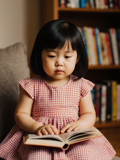 아늑한 거실에 앉아 있는 귀여운 3세 동양인 여성의 반신 사진입니다. 그녀는 밝은 색상의 체크무늬 원피스를 입고 있으며, 두 손으로 책을 들고 배고픈 표정을 지으며 집중해서 읽고 있습니다. 배경은 책장이 있는 따뜻한 분위기로, 장면의 친밀하고 매력적인 느낌을 더합니다.