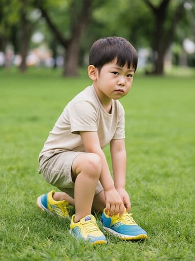 푸른 공원 배경에서 신발을 신으려는 귀여운 3세 남성 동양인의 반신 샷입니다. 한쪽 다리를 들어 올리며 지루한 표정을 짓고 있는 모습으로, 푸른 잔디와 나무들로 둘러싸인 활기찬 순간을 포착했습니다.