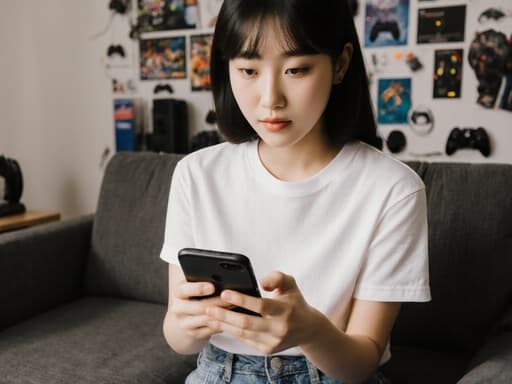 10대 초반 한국인 여성이 편안한 티셔츠와 청바지를 입고, 스마트폰을 들고 열정적인 표정으로 화면을 집중해서 보고 있는 모습이 담긴 반신 사진입니다. 배경은 다양한 게임 소품과 장비가 놓인 아늑한 게임방 거실입니다.