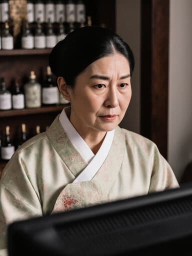 60대 백인 여성이 전통적인 한복을 입고, 전통 한의원 내부에서 컴퓨터를 사용하려고 하며 당황한 표정을 짓고 있는 반신 촬영입니다. 한의원은 약초 담은 항아리와 나무 가구로 가득 차 있어 따뜻하고 진정한 분위기를 만들어냅니다.