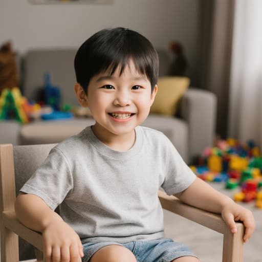 밝고 아늑한 거실에 앉아 있는 귀여운 3세 남성 한국인의 반신 사진입니다. 그는 편안한 티셔츠와 반바지를 입고 있으며, 순수한 미소로 행복한 기분을 표현하고 있습니다. 의자 팔걸이를 손으로 잡고 장난감들이 흩어져 있는 모습은 유치원 가는 준비를 하고 있는 듯합니다.