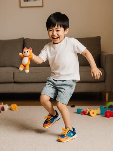 아늑한 거실에서 즐겁게 춤추는 7세 아시아계 남자아이, 편안한 티셔츠와 반바지, 색색의 운동화를 신고, 인형을 들고 장난감과 소파로 둘러싸인 어린 시절의 놀이 본질을 포착합니다.