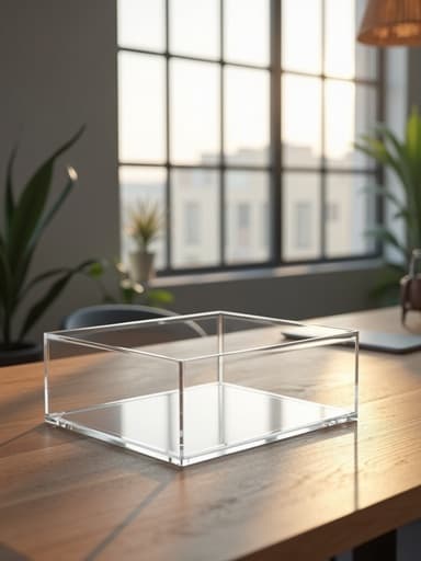 큰 창문과 미니멀한 장식이 있는 인더스트리얼 로프트 스타일 아파트의 나무 테이블 위에 위치한 투명 아크릴 정리함, 현대적이고 초대하는 분위기.