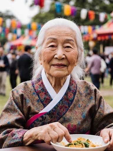 80대 동양인 여성의 반신상으로, 화려한 무늬와 밝은 색상의 전통 한복을 입고 테이블에 앉아 전통 음식이 담긴 그릇을 들고 있는 모습입니다. 그녀는 피곤한 표정을 지으며 약간의 미소를 띠고 있으며, 눈가에는 피로가 묻어있습니다. 배경은 화려한 장식과 다른 방문객들로 가득한 축제의 공원입니다.