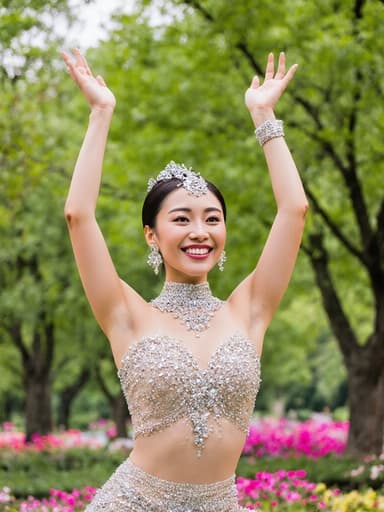 30대 아시아계 여성이 화려한 무용복과 반짝이는 액세서리를 착용하고, 푸르른 나무와 화려한 꽃이 가득한 공원에서 우아하게 춤추며 행복과 엘레강스를 발산하고 있는 전신 사진입니다.