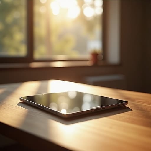 나무 테이블 위에 있는 태블릿, 따스한 오후 햇살이 창문을 통해 비추어 부드러운 그림자와 잔잔한 반사를 만든다.