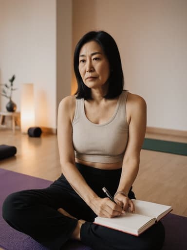 40대 자연스러운 외모의 아시아계 여성이 편안한 요가복을 입고 요가 매트 위에 앉아 노트를 작성하고 있는 모습의 반신 사진입니다. 그녀는 지루한 표정을 짓고 있으며, 아늑하고 조용한 요가 센터의 배경이 차분하고 평화로운 분위기를 만들어냅니다.