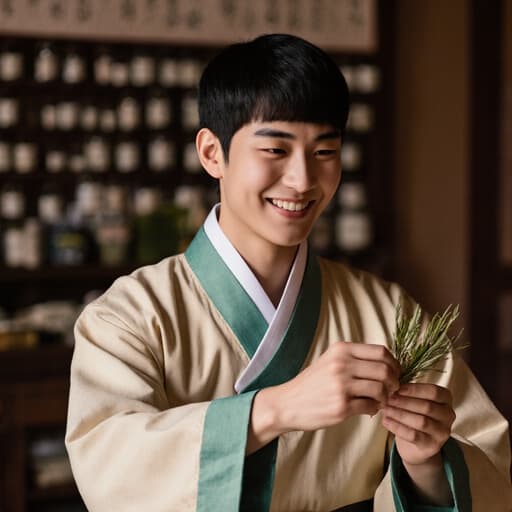 전통 한복을 입고 한약 재료를 즐겁게 다루는 건강하고 활기찬 라틴계 남성의 반신 촬영, 따뜻한 한약방에서 문화유산과 에너지를 보여줍니다.