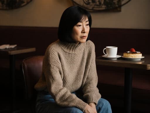 70대 아시아계 여성의 반신 사진으로, 아늑한 카페에서 다리를 꼬고 앉아 있습니다. 편안한 니트 스웨터와 청바지를 입고 있으며, 손은 무릎에 올려놓고 지루한 표정을 지으며 대화에 흥미를 잃은 듯한 감정을 드러내고 있습니다. 배경은 따뜻한 카페 내부로, 테이블 위에는 커피 컵과 간단한 디저트가 놓여 있어 편안한 분위기를 더하고 있습니다.