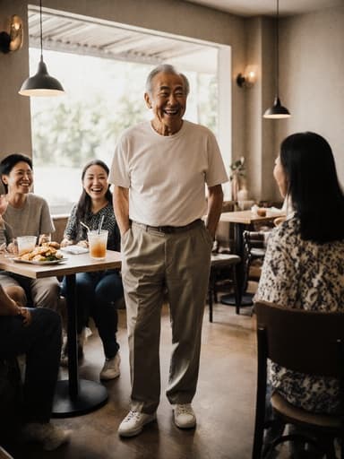 70대 동양인 남성이 편안한 캐주얼 복장을 하고 가족과 함께 따뜻한 카페에서 즐거운 순간을 보내는 전체 모습. 그들은 대화를 나누며 함께 웃고 있으며, 테이블에는 음료와 간단한 간식이 놓여 있어 행복과 화합의 장면을 만들어냅니다.