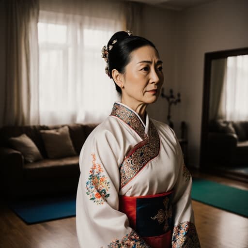 50대 동양인 여성이 전통적인 무용복을 입고 피곤한 표정을 지으며 무용 연습을 위한 거울과 매트가 있는 아늑한 거실에서 잠시 기다리는 자세를 취하고 있는 모습의 반신 사진으로, 차분하면서도 헌신적인 분위기를 담고 있습니다.