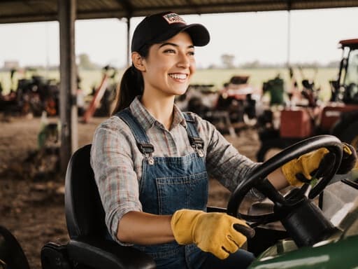 밝고 넓은 농장 작업 공간에서 농기계를 조작하며 열정적으로 미소 짓고 있는 젊은 라틴계 여성의 모습. 그녀는 농부 스타일의 작업복을 입고 있으며, 손목에는 장갑을 착용하고 있다.