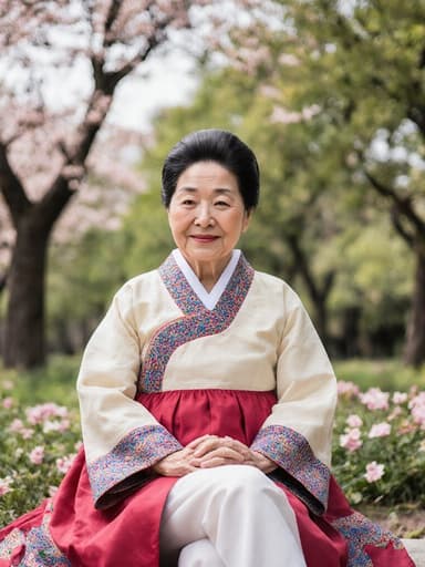 아름다운 공원에서 전통적인 한복을 입고 있는 80대 아시아계 여성의 반신 사진입니다. 그녀는 편안하게 다리를 꼬고 앉아 전통 이야기를 나누며 만족스러운 표정을 짓고 있습니다. 자연의 아름다움 속에서 조화롭게 어우러진 모습입니다.