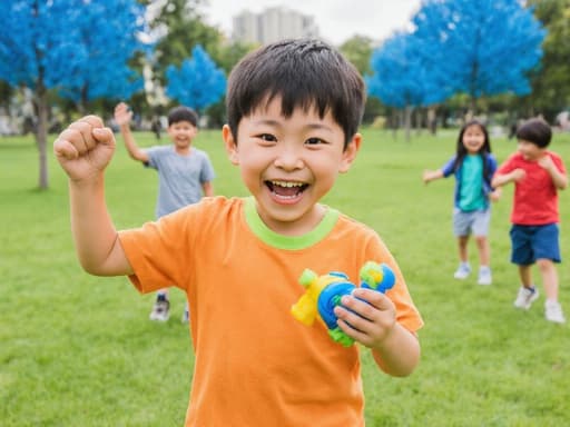 7세 동양인 남성이 공원에서 장난감을 가지고 즐겁게 놀고 있는 모습의 반신 사진으로, 밝은 옷을 입고 초록색 나무와 잔디에 둘러싸여 어린 시절의 행복과 야외 놀이의 본질을 담고 있습니다.