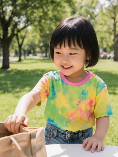 사랑스러운 7세 동양인 여아가 화사한 색상의 티셔츠와 청바지를 입고 테이블 위에 있는 가방을 바라보며 즐거운 표정을 짓고 있는 모습을 반신 촬영으로 담았습니다. 평화로운 공원의 푸른 잔디와 나무들이 배경을 이루고 있습니다.