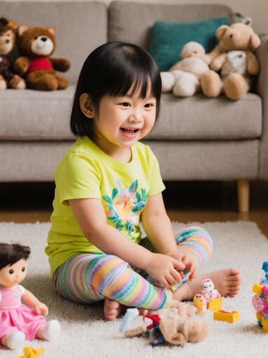 아늑한 거실에서 크로스 레그로 앉아 있는 귀여운 3세 아시아계 여성의 반신 사진. 밝은 색상의 티셔츠와 레깅스를 착용하고 있으며, 인형과 함께 신나게 놀고 있는 모습으로 활발한 표정을 짓고 있습니다. 배경에는 다양한 장난감들이 놓여 있어 따뜻하고 즐거운 분위기를 자아냅니다.
