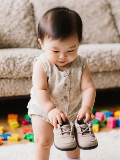 아기용 편안한 옷과 귀여운 양말을 입은 1세 아시아계 여성 아이가 신발을 호기심 어린 표정으로 바라보며 손으로 만지는 모습의 반신 샷. 장난감과 소파가 배치된 아늑한 거실에서 따뜻하고 매력적인 분위기를 연출합니다.