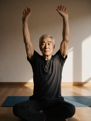 60대 한국인 남성이 편안한 요가복을 입고 자연스러운 모습으로 반신 샷을 하고 있습니다. 그는 두 팔을 위로 올린 스트레칭 자세를 취하고 있으며, 차분한 표정으로 평화롭고 고요한 느낌을 주고 있습니다. 배경은 부드러운 조명과 요가 매트가 있는 아늑한 요가 스튜디오로, 전체적인 고요한 분위기를 잘 나타내고 있습니다.