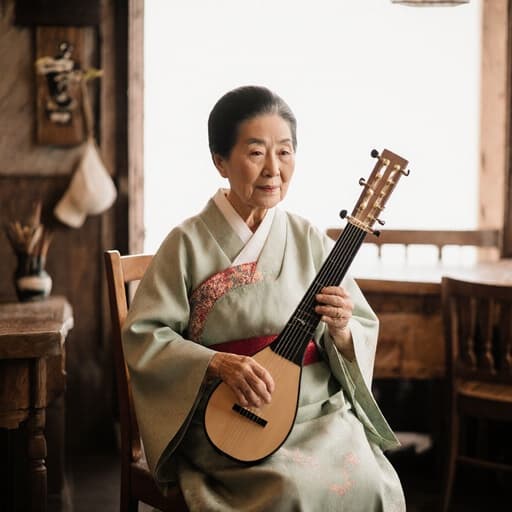 전통 한복을 입은 80대 아시아계 여성이 의자에 앉아 무관심한 표정을 짓고 있으며, 손에는 전통 악기를 들고 있는 모습의 반신 사진. 배경의 아늑한 카페 내부는 전통 음악을 감상할 수 있는 평화로운 분위기를 만들어냅니다.