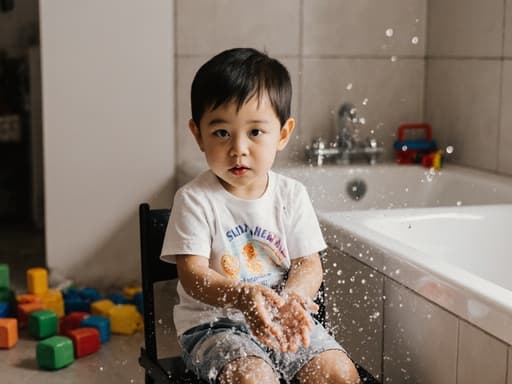 아늑한 거실의 욕조 옆에 앉아 있는 7세 혼혈 남자아이의 반신 사진. 그는 편안한 티셔츠와 반바지를 입고 있으며 배고픈 표정을 지으며 손으로 물을 튕기고 놀고 있습니다. 배경은 장난감이 놓인 따뜻한 거실로, 장난기 가득한 분위기를 연출합니다.